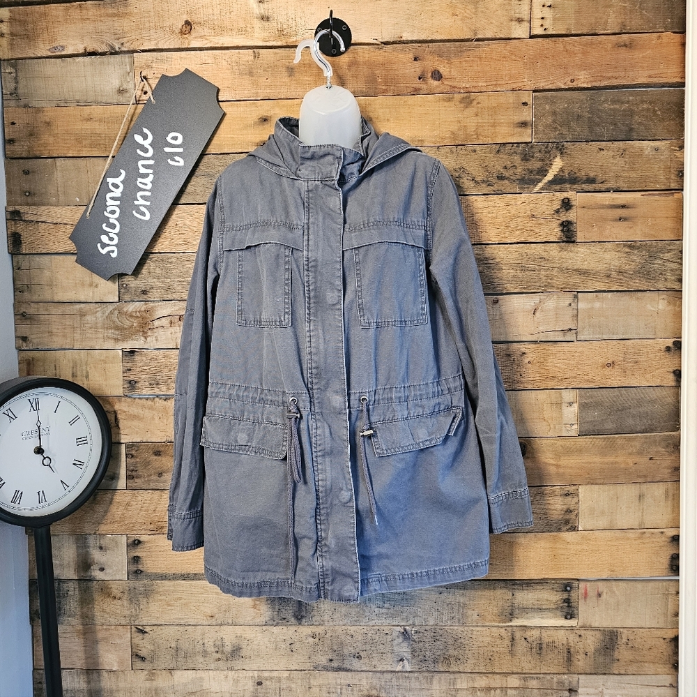 Universal Thread Women's Gray Hooded Utility Canvas Cargo Long Jacket Size Large